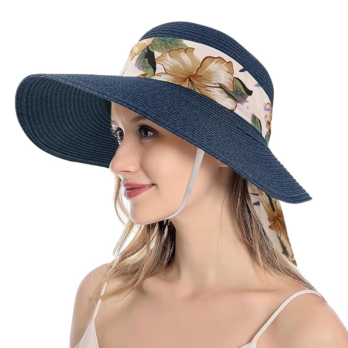 PALAY® Straw Hat Sun Hats for Women, Wide Brim Beach Hat for Women Summer with Printed Ribbon, Fashion UV Protection Visor Cap,